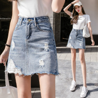 High waist ripped raw edge denim skirt 14