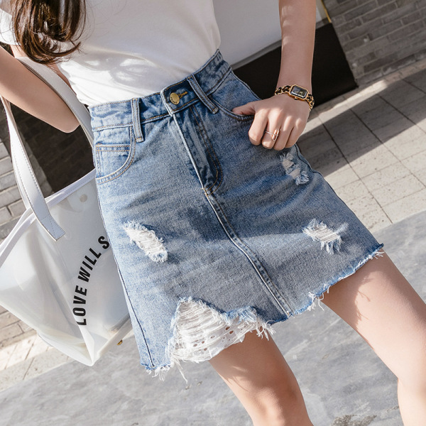 High waist ripped raw edge denim skirt 14