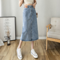 Contrasting color mid-length denim skirt 46