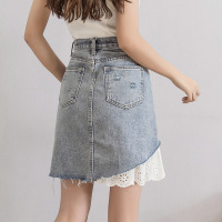 denim paneled lace skirt 40
