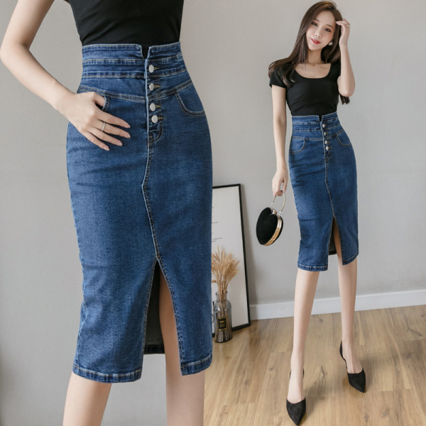 Slit denim wrap hip midi skirt 51