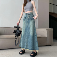 Button Raw Edge A-Line Long Dress 64