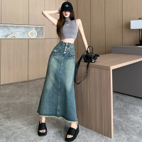 Button Raw Edge A-Line Long Dress 64