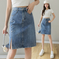 Embroidered beaded slit denim skirt 61