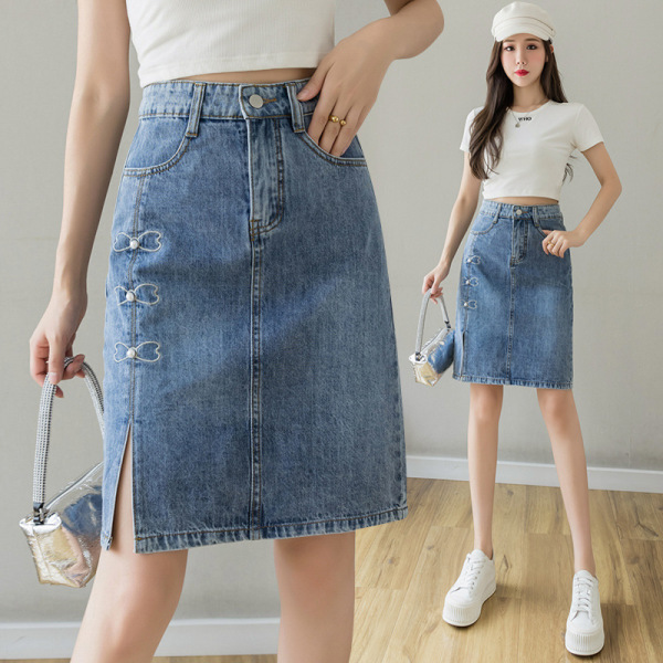 Embroidered beaded slit denim skirt 61