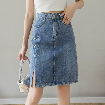 Embroidered beaded slit denim skirt 61