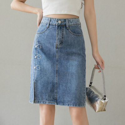 Embroidered beaded slit denim skirt 61