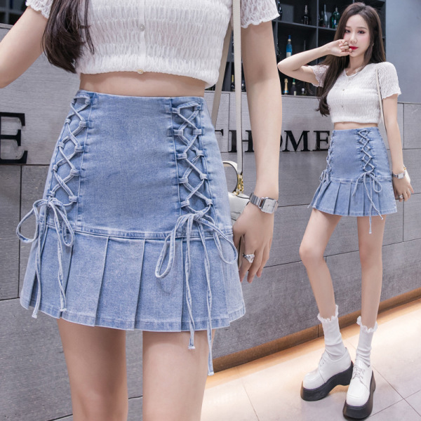 Personalized tie denim pleated skirt 67