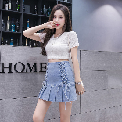 Personalized tie denim pleated skirt 67