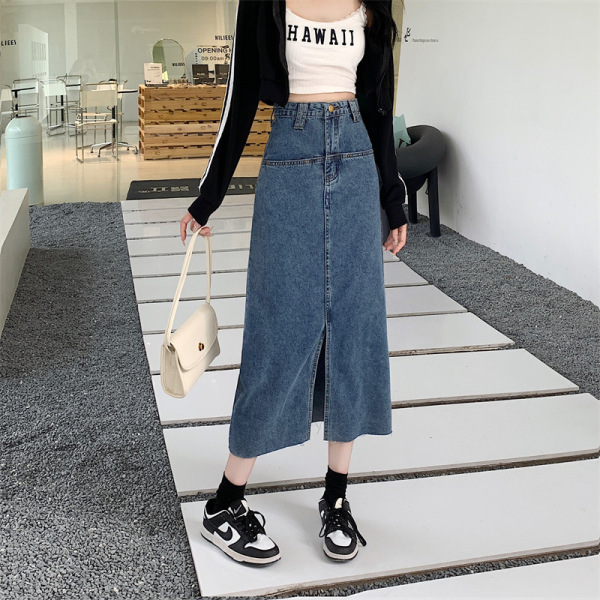 pocket high waist slit denim skirt 57