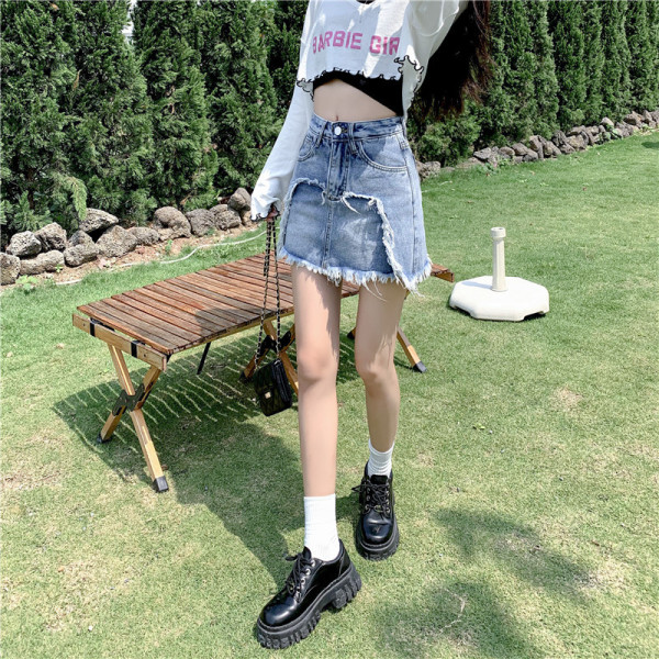 Frayed fringe high waist A-line skirt 72