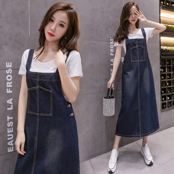 French mid length denim suspender skirt 96