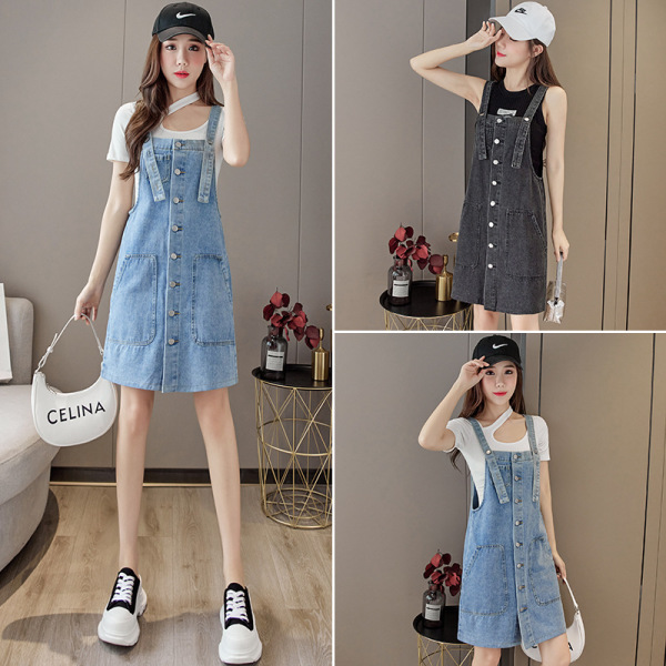 Front breasted denim suspender skirt 92