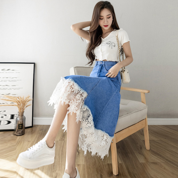 Lace Hem Panel Denim Skirt 76