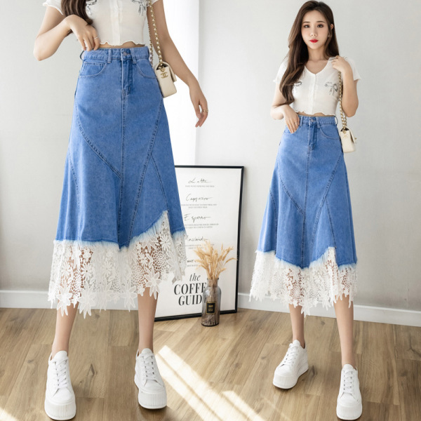 Lace Hem Panel Denim Skirt 76