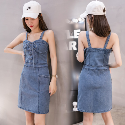 Lace-up U-neck denim sundress 90