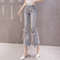 Beaded bow frayed jeans 112