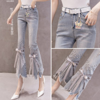 Beaded bow frayed jeans 112