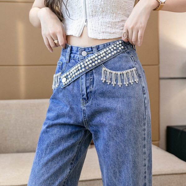 Belt Stud Diamond Denim Wide-Leg Pants 114