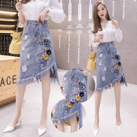 Fringed three-dimensional floral denim skirt 107