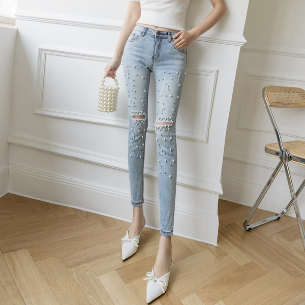 Ripped Beaded Denim Pencil Pants 116