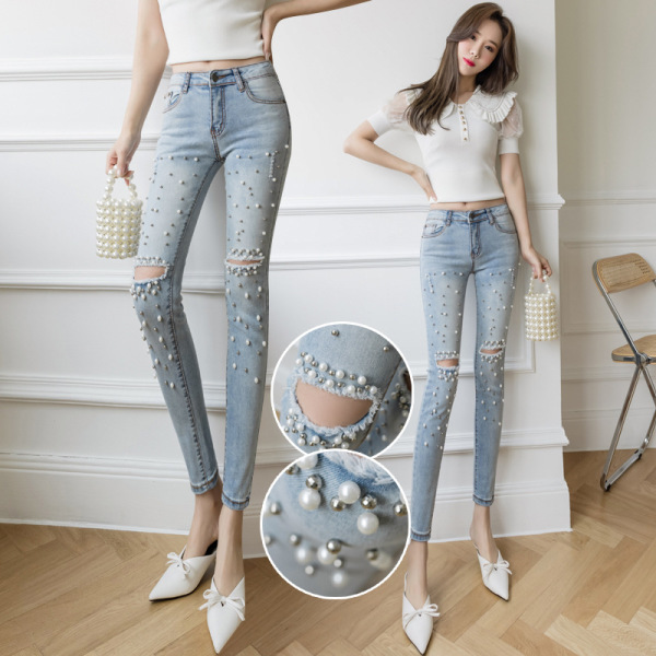 Ripped Beaded Denim Pencil Pants 116