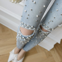 Ripped Beaded Denim Pencil Pants 116