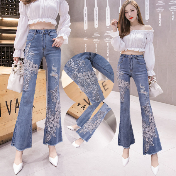 Beaded Fringed Denim Flare Pants 132