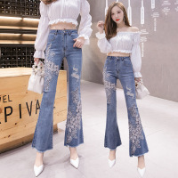 Beaded Fringed Denim Flare Pants 132