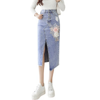 Embroidered floral sexy slit denim skirt 120