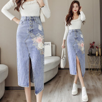 Embroidered floral sexy slit denim skirt 120