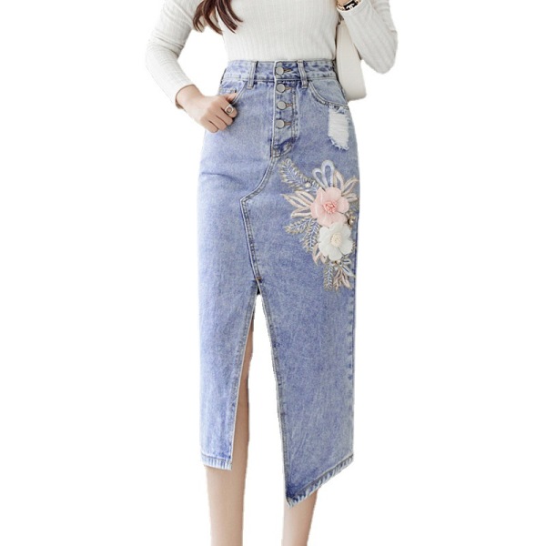 Embroidered floral sexy slit denim skirt 120