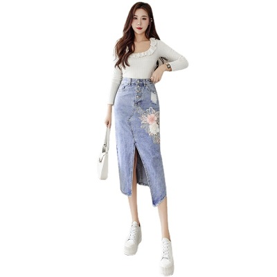 Embroidered floral sexy slit denim skirt 120